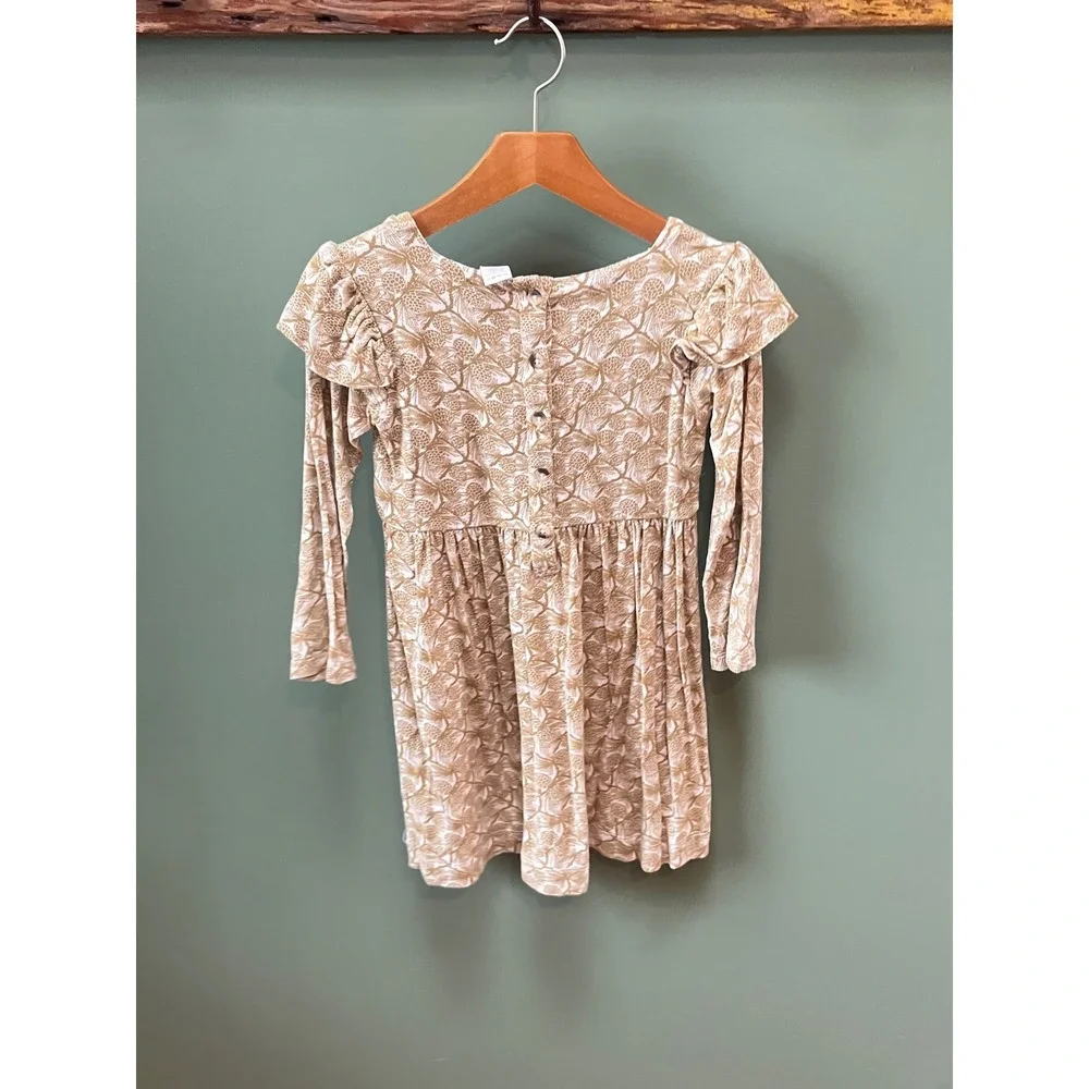 Kate Quinn Kids Tan Pinecone Bamboo Viscose Ruffle‎ Bow Dress 5Y Long Sleeve